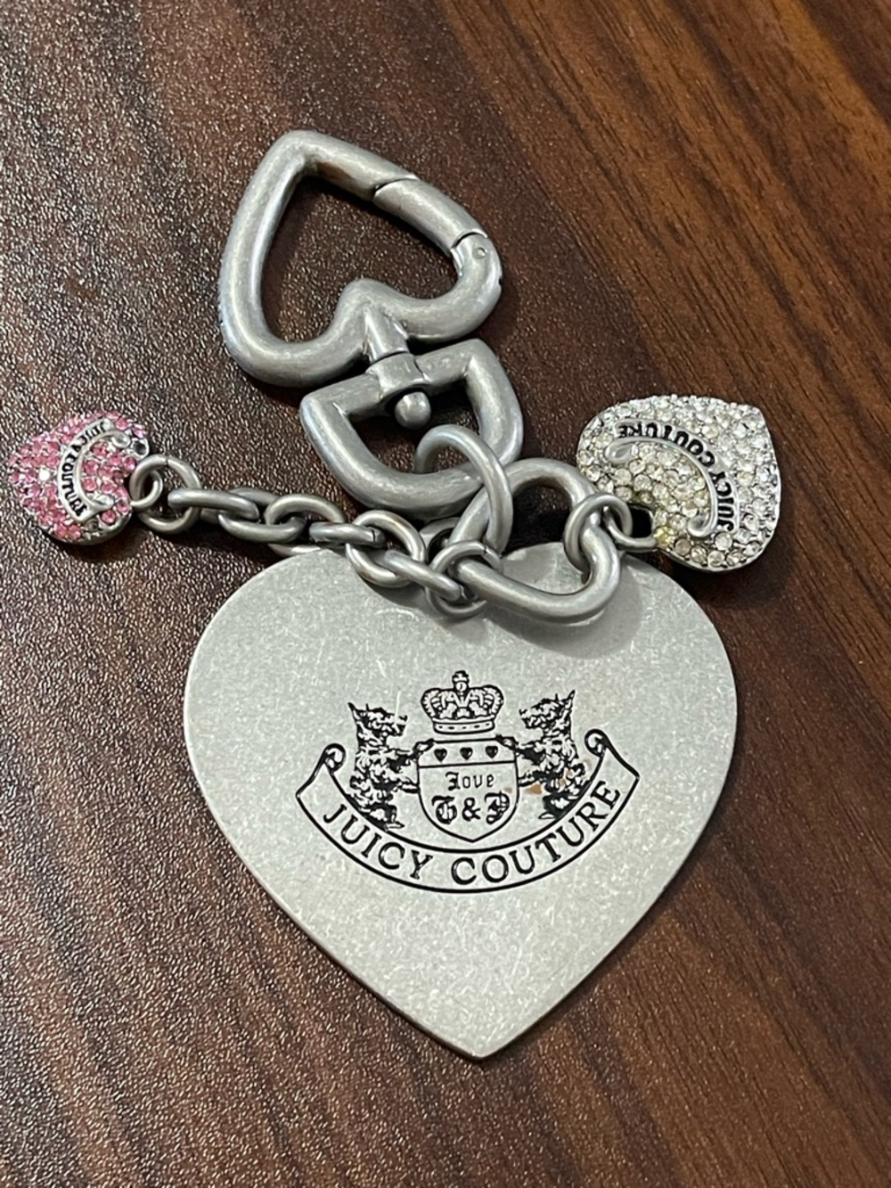 Juicy Couture Silver-Tone Heart Logo Charm Keyring with Crystal Accents